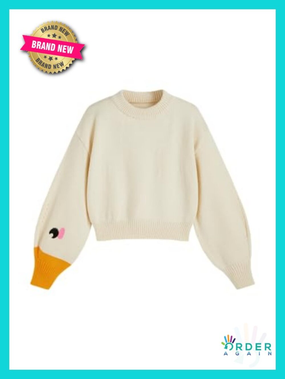 Chunky Knit Cropped Sweater with Goose Pattern Long Sleeve Pullover